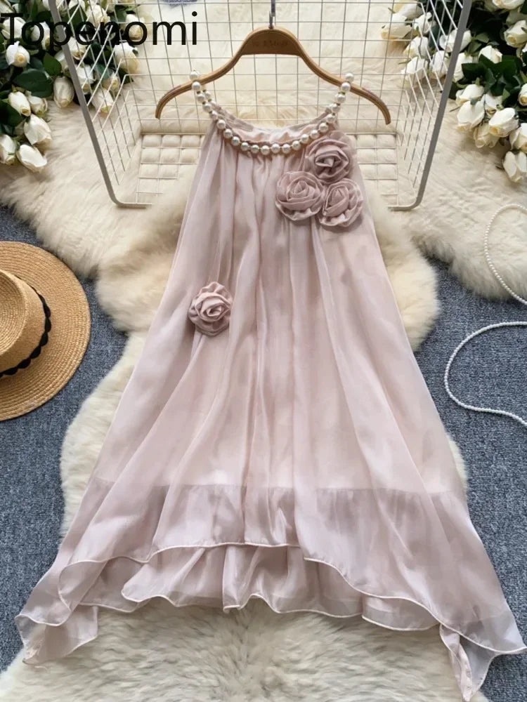 Topenomi Luxury Prom Dresses Women French Fairy Mesh Pearl Halter 3D Flowers A-line Midi Evening Gown Sweet Wedding Party Dress