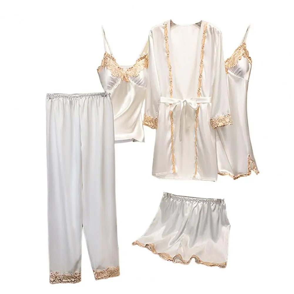 Women Satin Pajamas Elegant Satin Lace Pajama Set with Lace-up Waist 5-piece Nightwear Set for Women Silky Nightgown Shorts Set