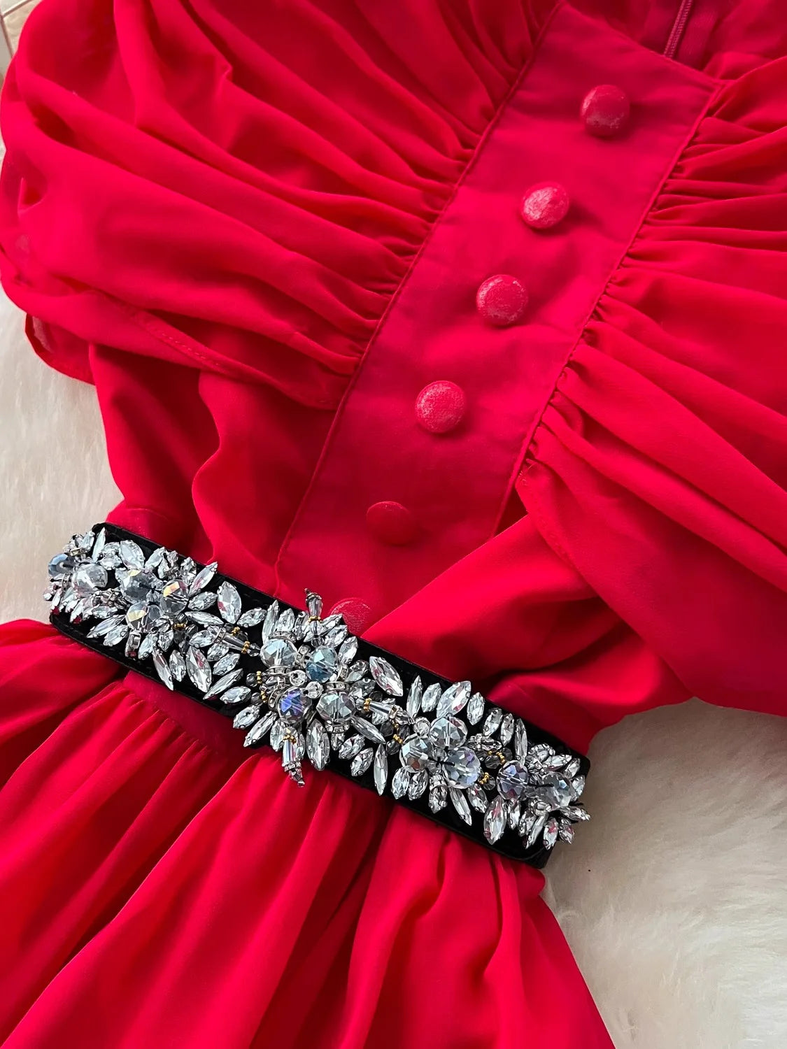 Maxy Spring Summer Women Red/Purple/Green Draped Chiffon Long Dress Vintage Round Neck High Waist A-Line Female Robe New
