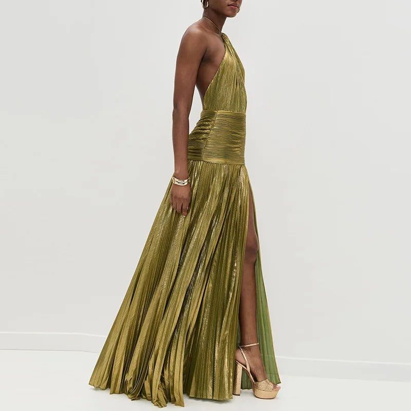 Maxy Gold Sexy Halter High Split Gowns Evening Dress Woman Chic Solid Hollow Pleated Long Dress Spring Summer Backless Zip Maxy Dress