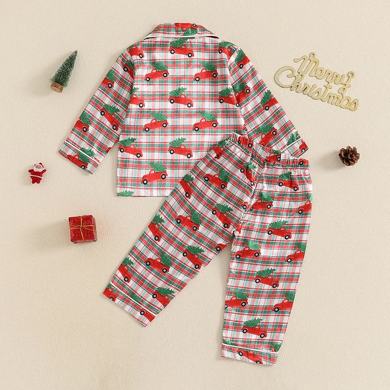 Toddler Christmas Pajamas Long Sleeve Red Truck/Tree Print Shirt and Pants Set Fall Winter Baby 2 Pieces Loungewear for 1Y to 5Y