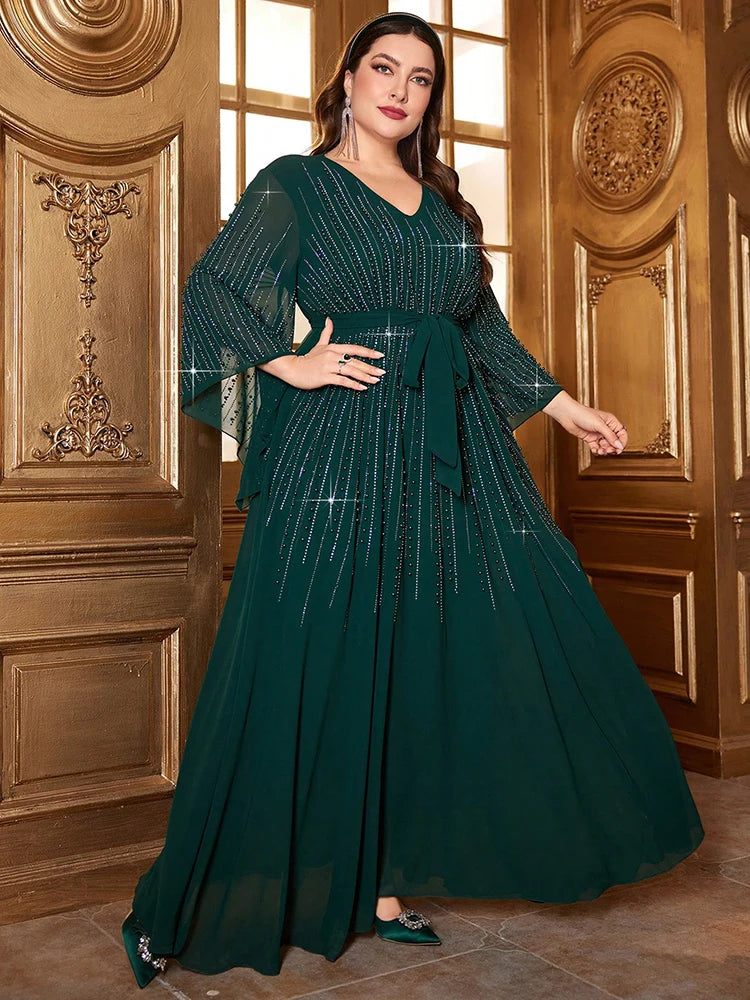 Maxy Women Bead Bell Sleeve Belted Dress, Long Dresses, Luxury, Elegant, Formal, Arabian Party, Evening, Plus Size, 2024