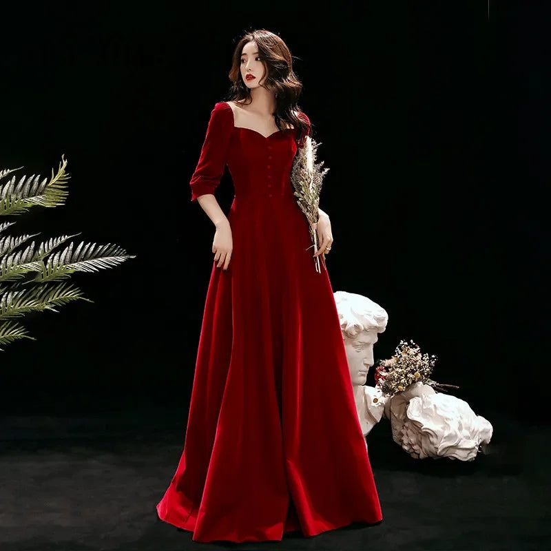 Amay Customized Evening Dress Wine Red Flannel Square Collar 3/4 Sleeves Plus Size robe de soiree Woman Party Formal Gowns