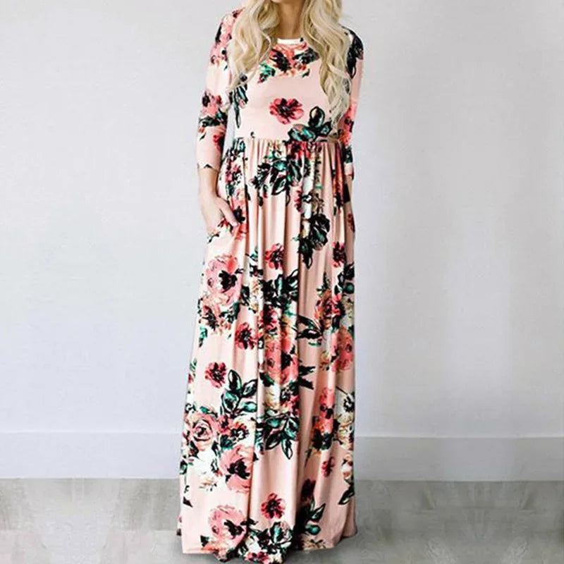 Maxy Women Summer Long Dress Floral Print Boho Beach Dress Ladies White Maxi Evening Party Dress Sundress