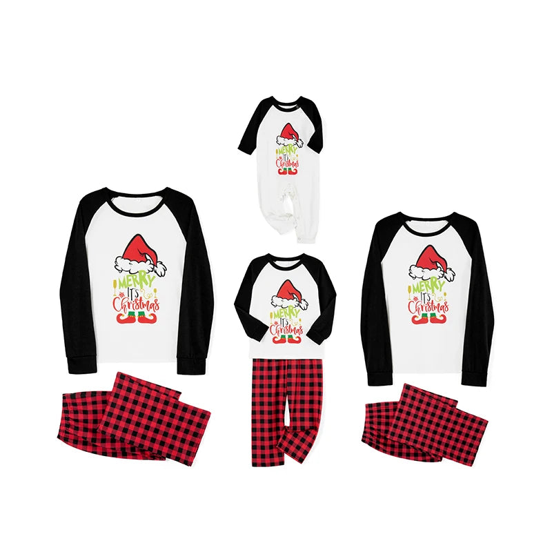 Family Matching Christmas Pajamas Outfits Cartoon Hat Letter Print Long-Sleeved Tops+Plaid Pattern Trousers Sleepwear Nightwear