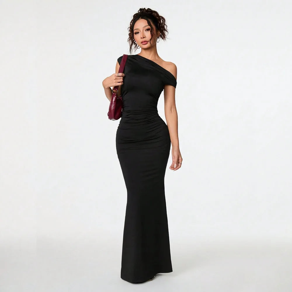 Elegant Black One Shoulder Mermaid Evening Gown Ruched Bodycon Floor Length Formal Party Dresses for Women Wedding Prom Cocktail