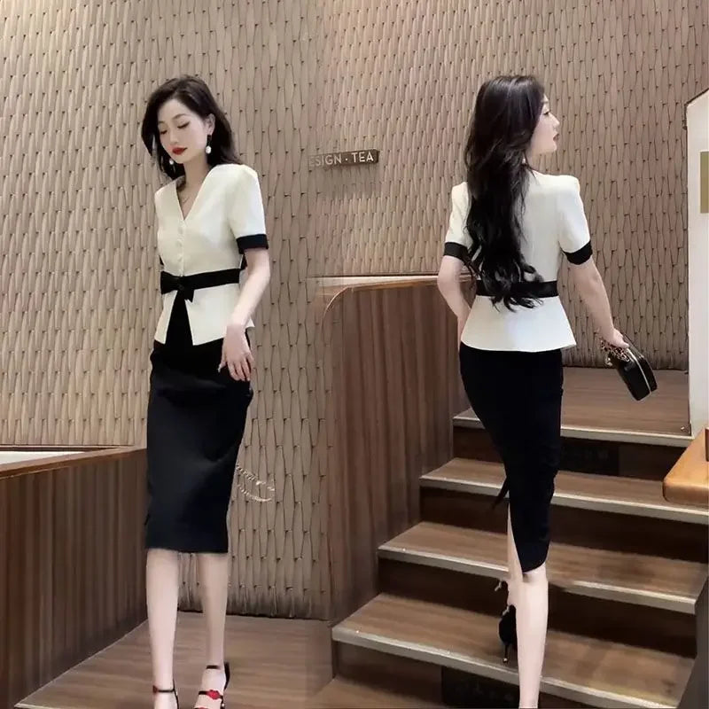 Maxy Slit Midi Office Skirt 2 Pieces Sets for Women Suits Short Sleeve Woman Outfit Festival Stylish Clothing Trend New Arrivals