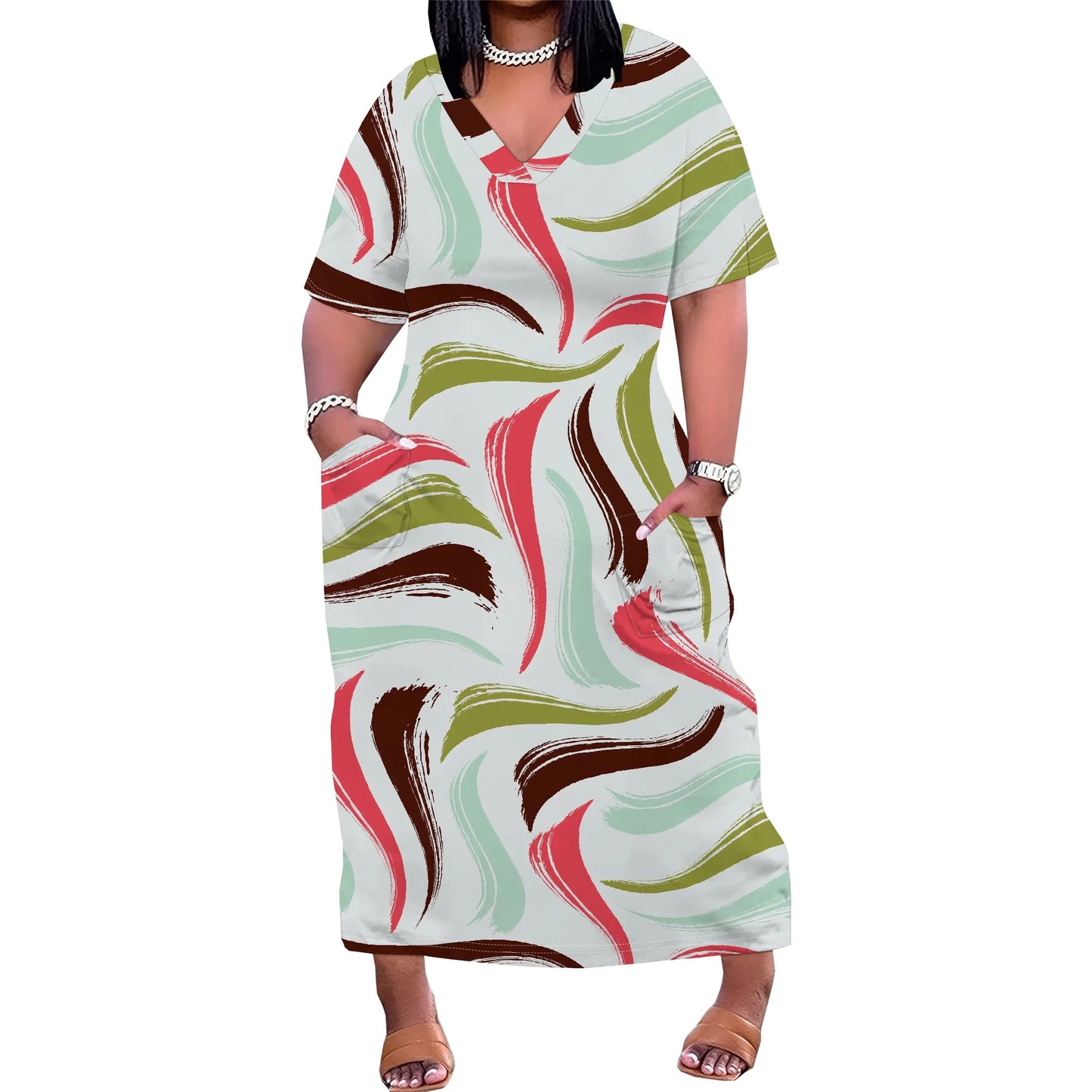 Maxy Plus Size Women Dress with Pockets, Short Sleeve Loose and Comfortable Long Dress for Beach, Party, Work, Spring