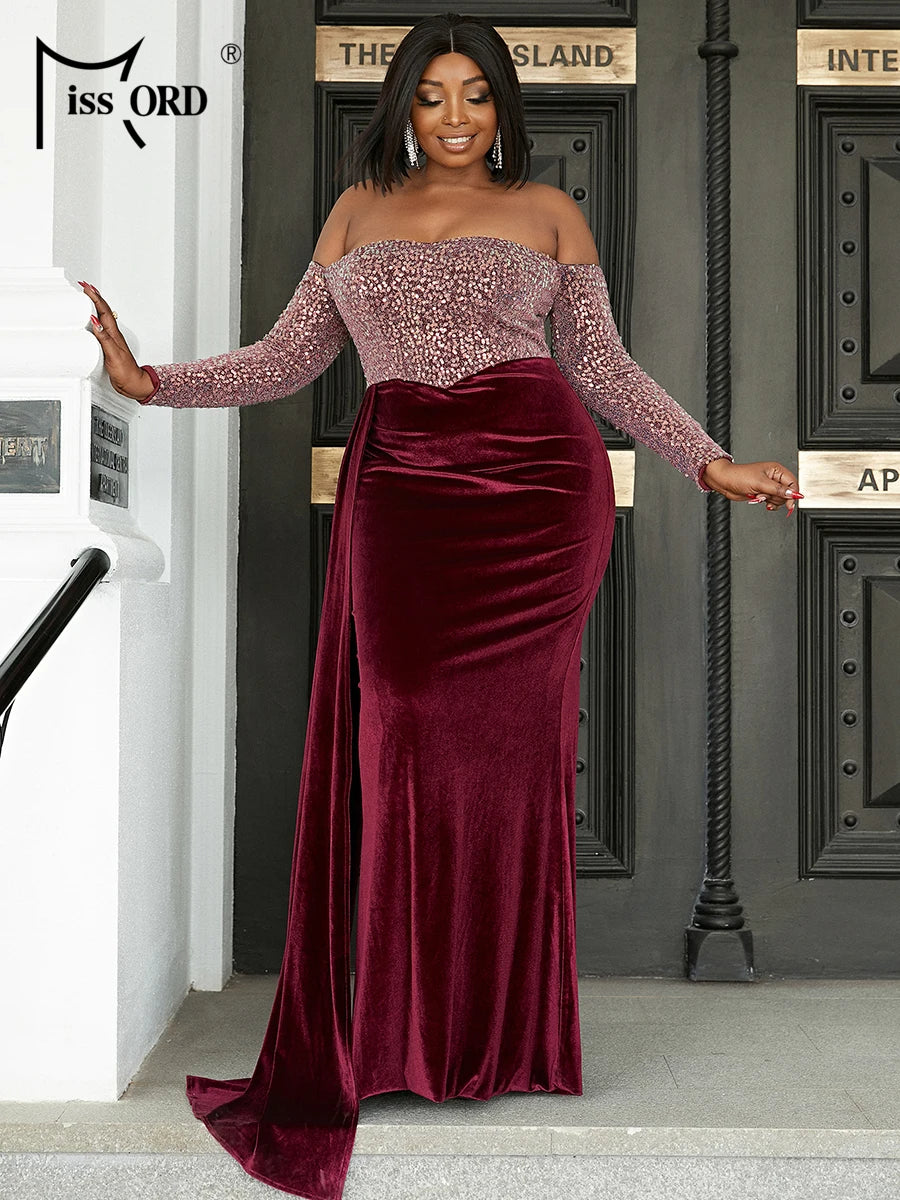 Maxy Wine Sequin Velvet Plus Size Party Dress Women Off Shoulder Long Sleeve Draped Bodycon Mermaid Evening Dresses Prom Gown