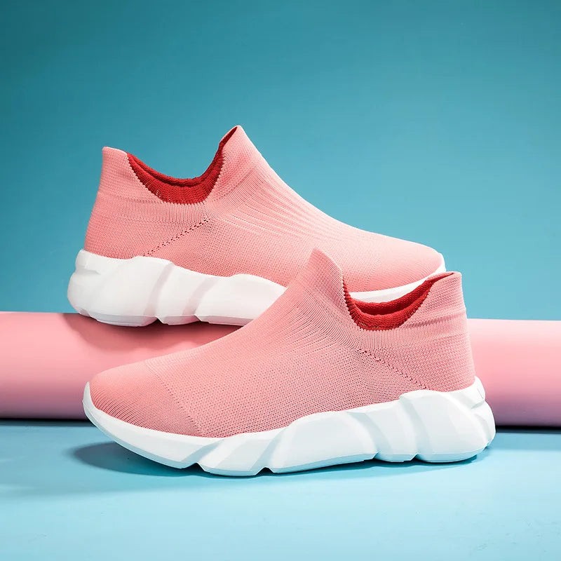 Maxy New Pink Women's Casual Sneakers Large Size 36-42 Comfort Breathable Socks Shoes For Women Slip-On Platform Loafer Shoes Womens