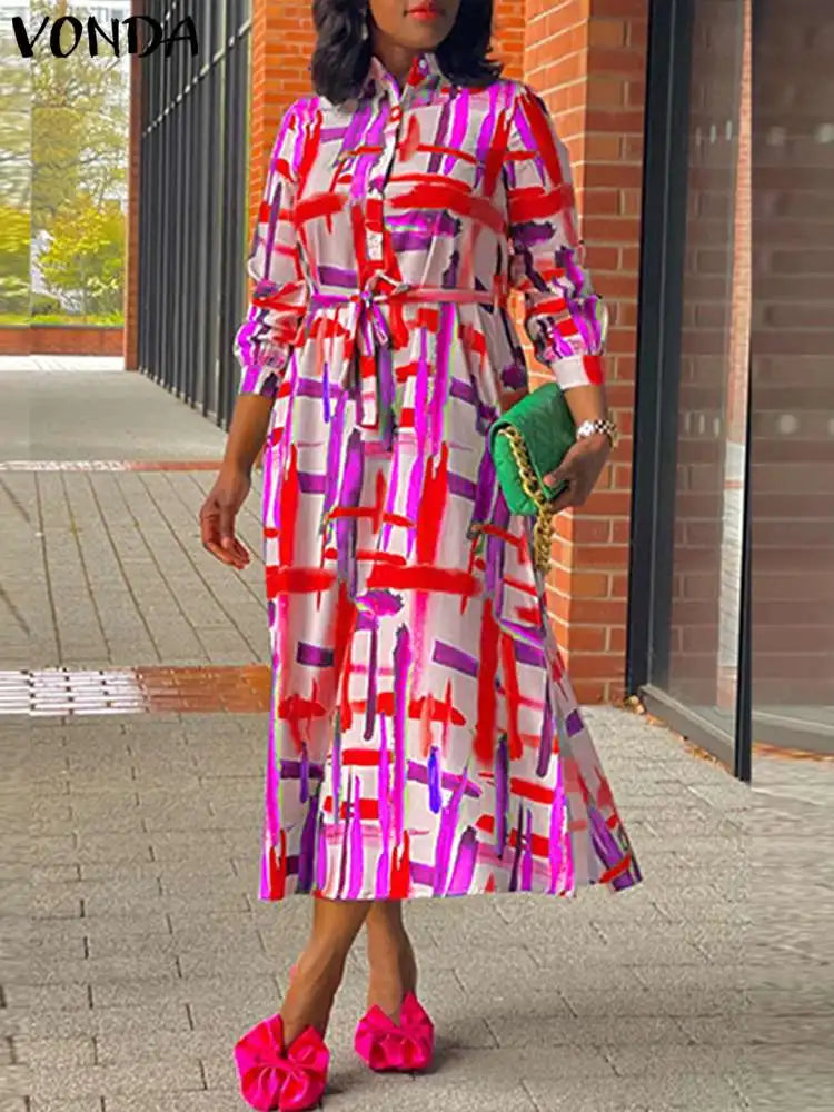 Maxy Plus Size 5XL Bohemian Long Sleeve Vintage Shirt Dress Women Stand Collar Printed Midi Vestido Casual Sundress Belted