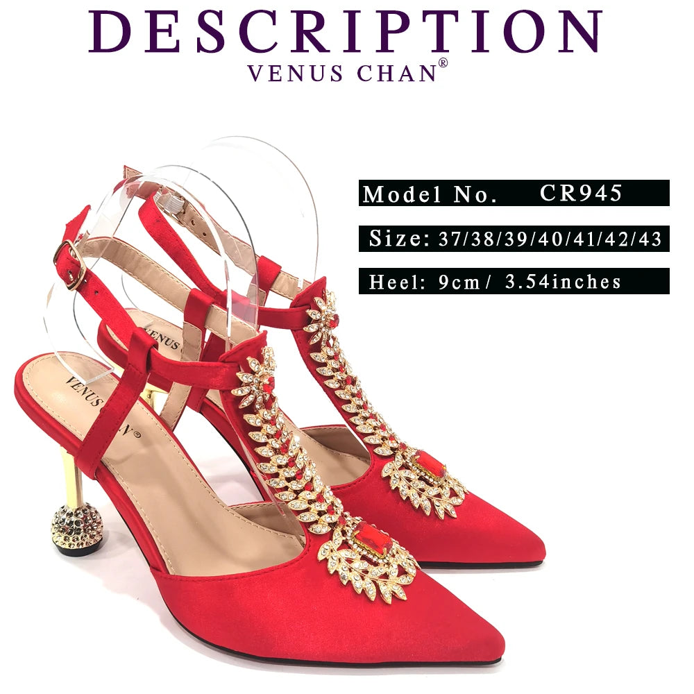Maxy Newest Red Color Comfortable Streamlined Pointed Toe Women's Shoes Matching Big Crystal Handbag Party Women's Shoes And Bag Set