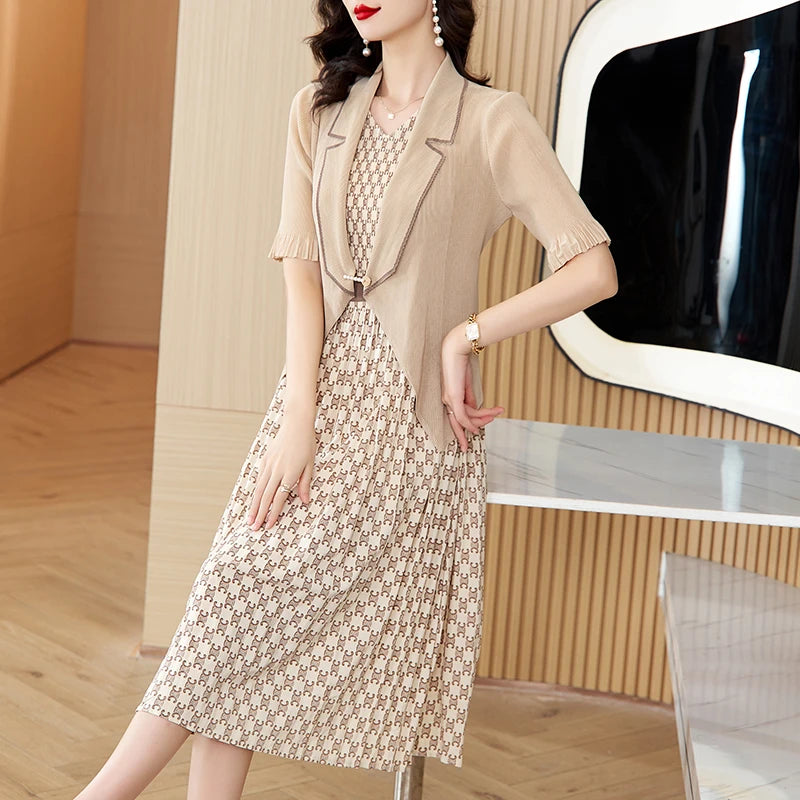 Maxy Pleated Dress Autumn New Style Plaid Suit Collar Pleated Skirt Waist Slimming Magic Skirt Set Maxy Dress for Women