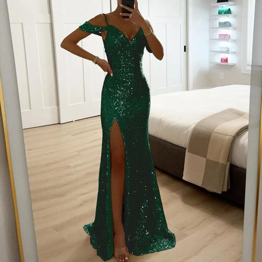 Amay V Neck Dress Elegant Sequin Ball Gown for Prom Wedding Parties Off Shoulder V Neck Maxi Dress with Side Slit Slim Fit Banquet