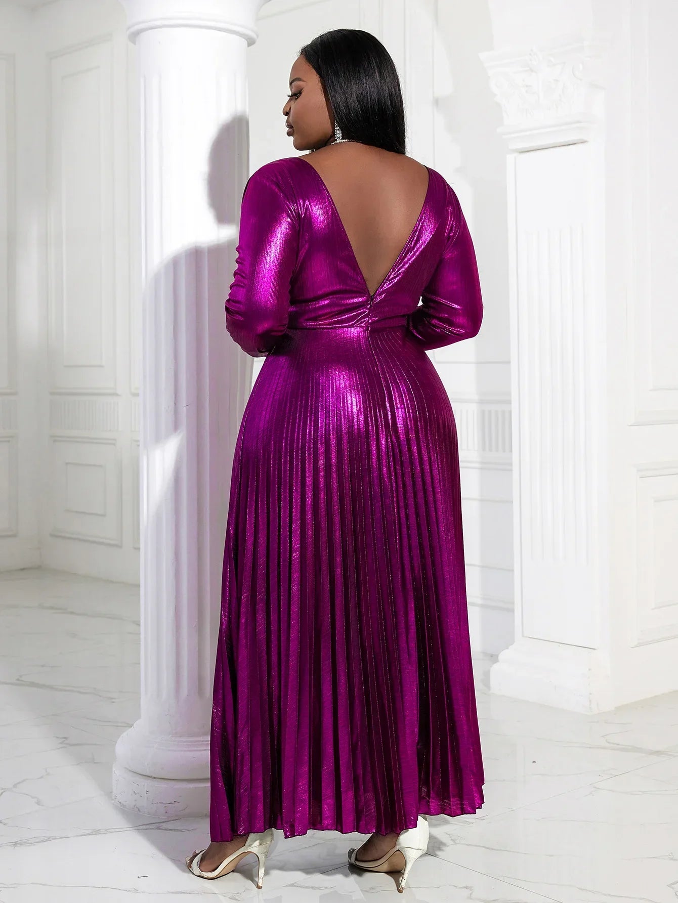 Plus Size Shiny Party Dress Purple Elegant Long Sleeve Evening Gold Pleated High Waist Long Sleeves Fit Flare Prom Robe 2024