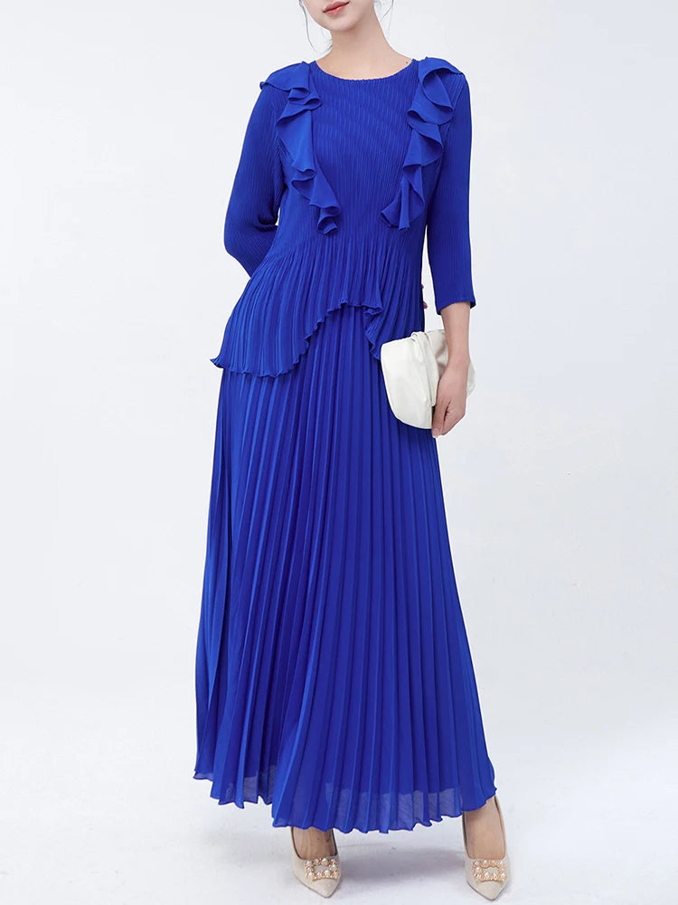 Maxy Pleated Two Pieces Sets Women Ruffles Irregular T Shirt + A Line Loose Skirt New Female Elegant Lady Clothing 6R4839