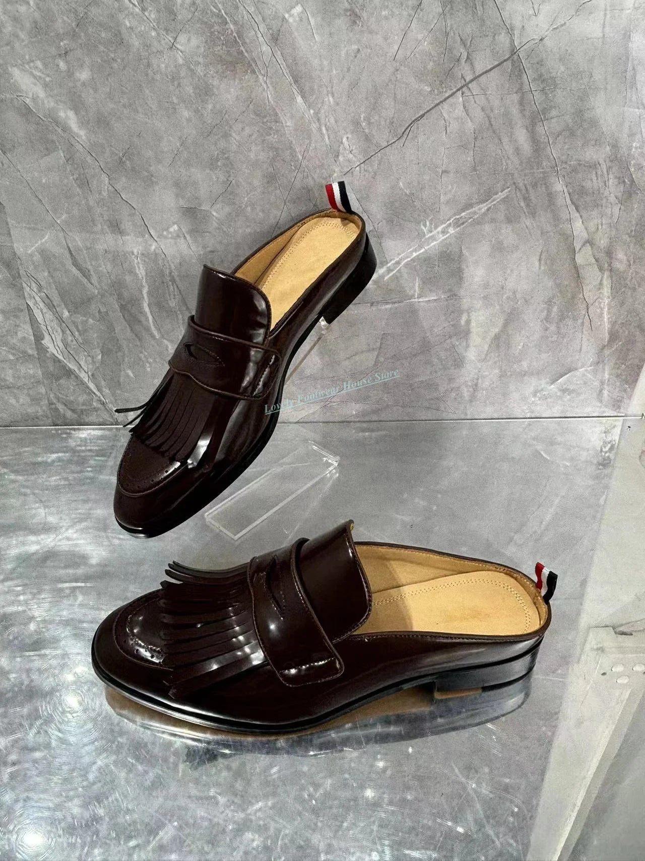 Visco Fashion Men's Fringe Decoration Genuine Leather Mules Shoes Comfortable Slip On Round Toe Male Summer Brown Slippers Shoes