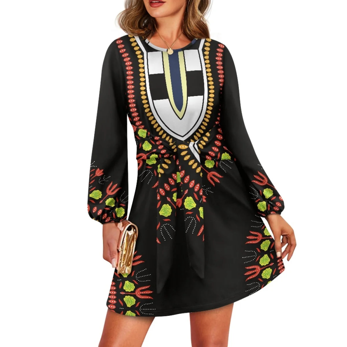 Maxy O neck women trumpet sleeve dress Polynesian tropical style women formal elegant evening dress