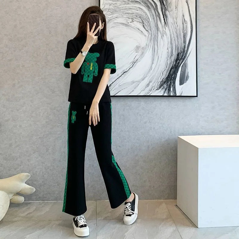 Maxy Women's Summer New Fashion Sweat Suit Korean Version Casual Short Sleeved T-shirt Tops Pants 2 Two Piece Set Female Clothes