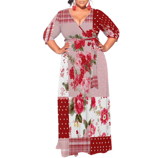 Maxy Plus Size Long Sleeve Floral Patchwork Maxy Dress V-Neck Elegant Artistic Design