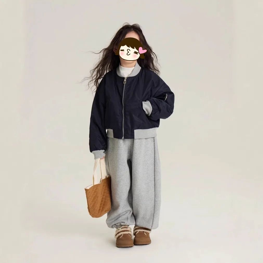 Maxy Girls Suits New Winter Padded Cotton Coat and Fleece Thick Gray Pants Two-piece Set Clothes Korean Simple Style Suits