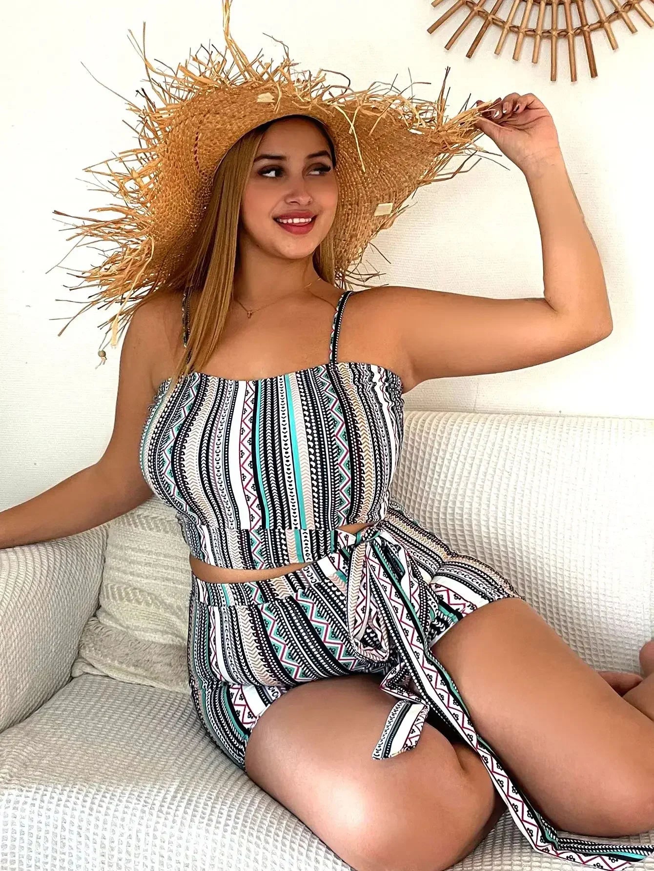 Babs High Waist Swimsuit Oversize Big Breast Bikini Set Women Striped Push Up Summer Bathing Suit Tie Up Swimwear Tankini Set