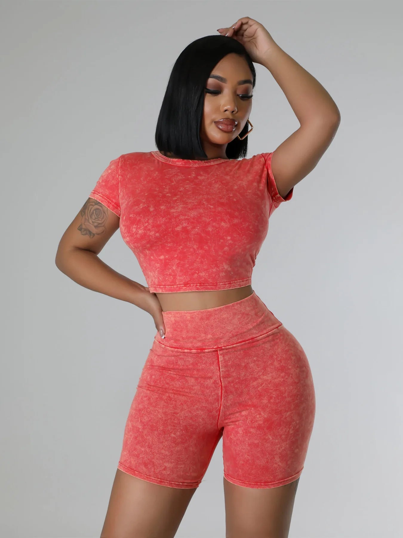 Maxy Acid Washed Women 2 Piece Set Fitness Short Sleeve Crop Top Skinny Biker Shorts Matching Set 2024 Summer New Fashion Tracksuits