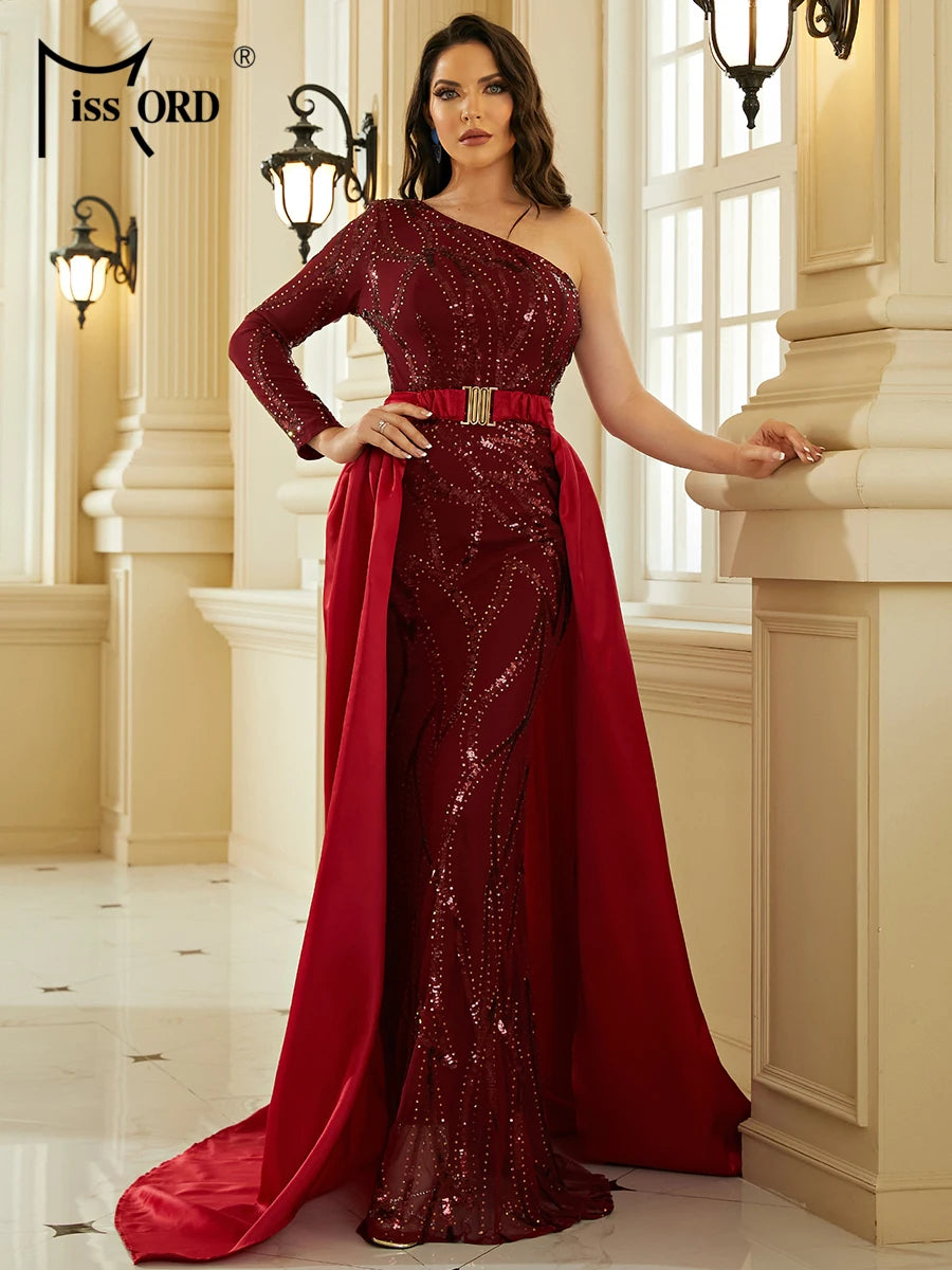 Babs Elegant Wine Wedding Party Dress With Train Women One Shoulder Long Sleeve Sequin Belt Prom Evening Dresses Formal Gown