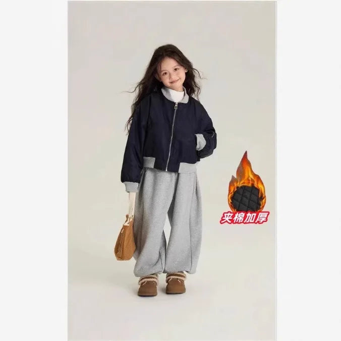 Maxy Girls Suits New Winter Padded Cotton Coat and Fleece Thick Gray Pants Two-piece Set Clothes Korean Simple Style Suits