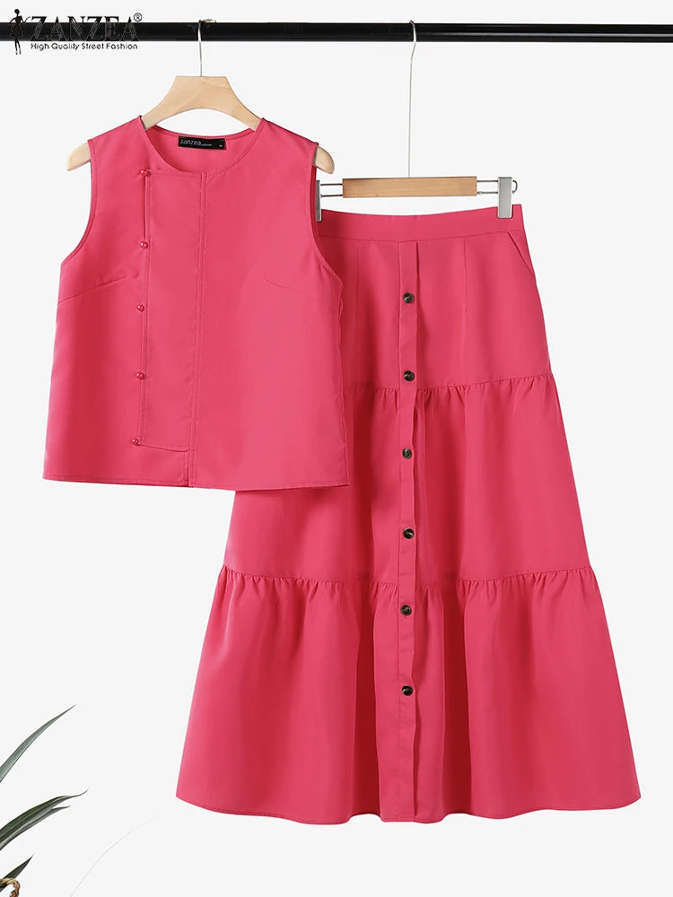 Maxy Fashion Tank Tops Outfits Women Solid Color Dress Sets Holiday Buttons Long Skirts Suit 2025 Summer Pleating Matching Set