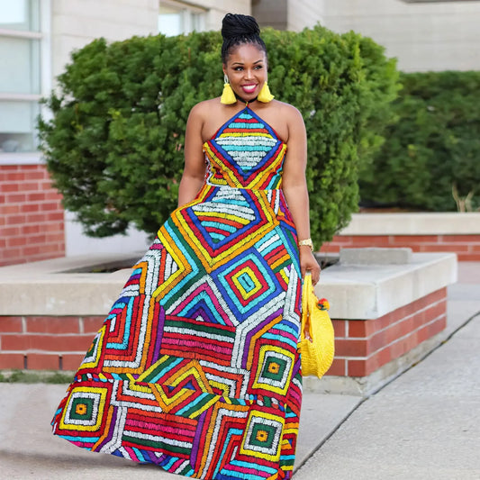 Maxy African Print Dresses for Women Summer African Elegant Spaghetti Strap Africa Clothing Long Maxy Dress Outfits African Clothes