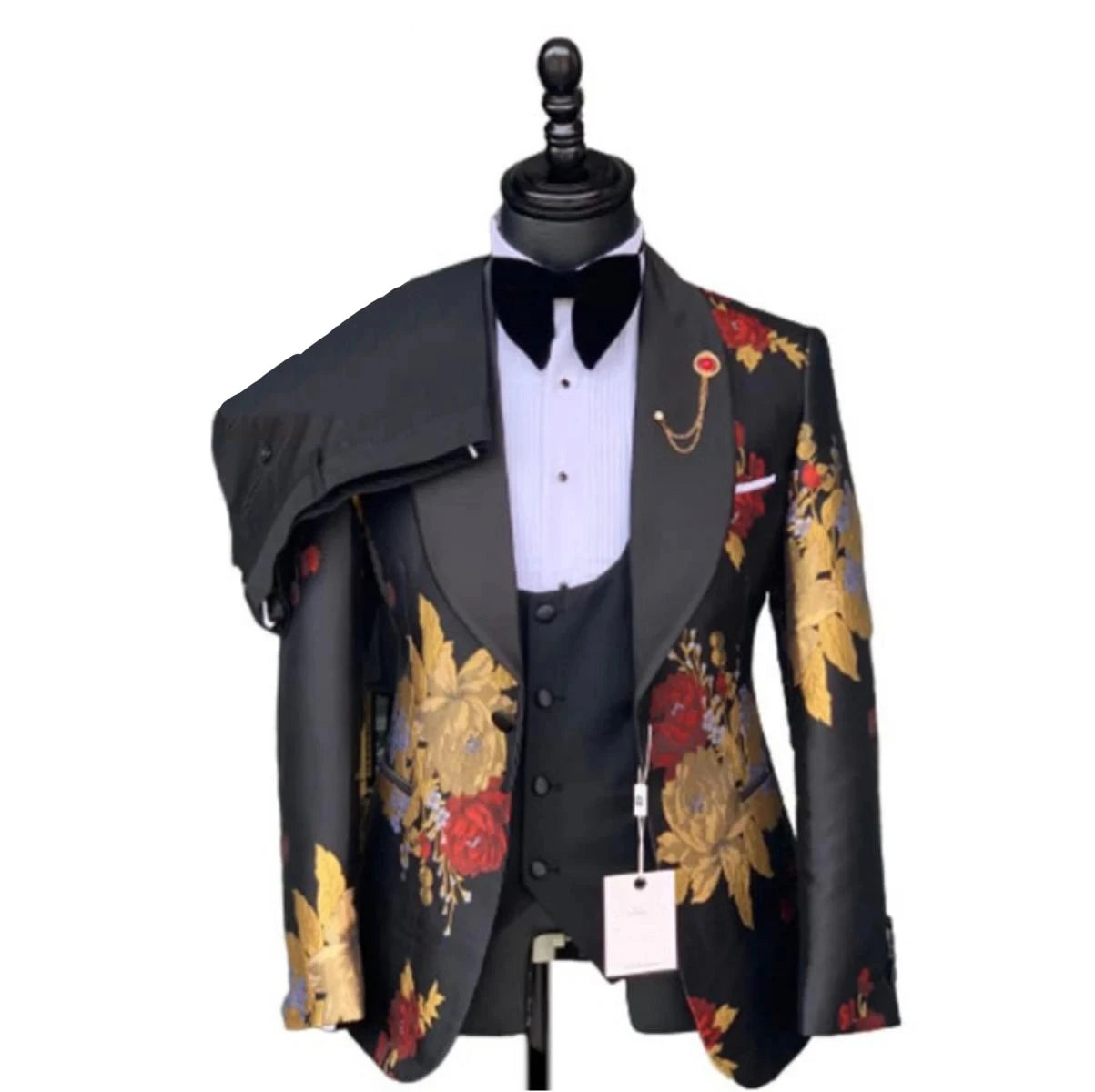 Visco Handsome Blue Gold Floral Rim Stage Men Suit Set Stand Collar Men's Suits (Jacket+pants+vest)