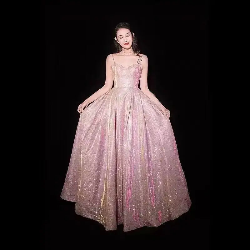 Maxy Elegant Glitter Banquet Dresses Women Fashion Spaghetti Straps Slimming Starry Sky Evening Party Dress Sexy Gown Prom Dress