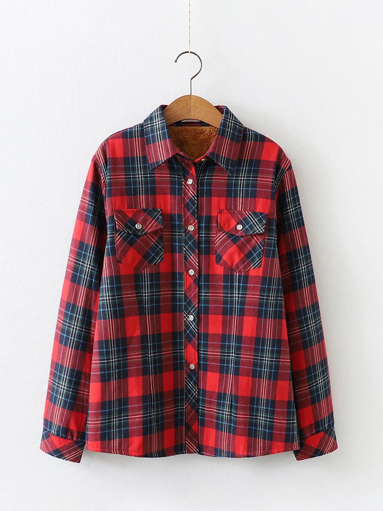 Maxy Women Plus Velvet Thicken Plaid Shirts Winter Warm Coat Jacket Brand Woman Clothes Fleece Tops Female Casual Outerwe T26701J