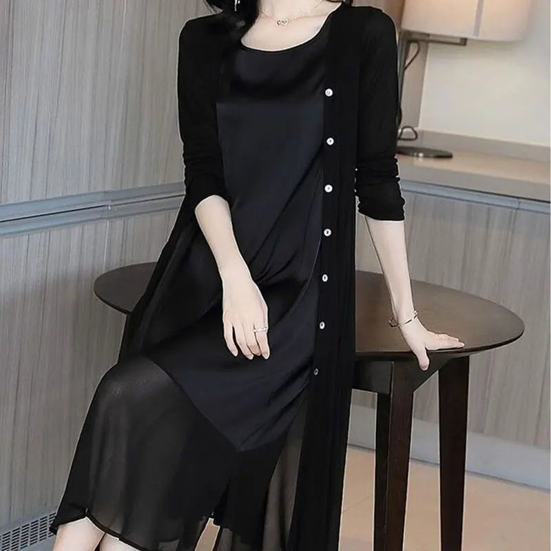 Maxy Casual Solid Color Patchwork Matching Sets Commute Single-breasted Spring Autumn Women's Clothing O-Neck Split Midi Dress Sets