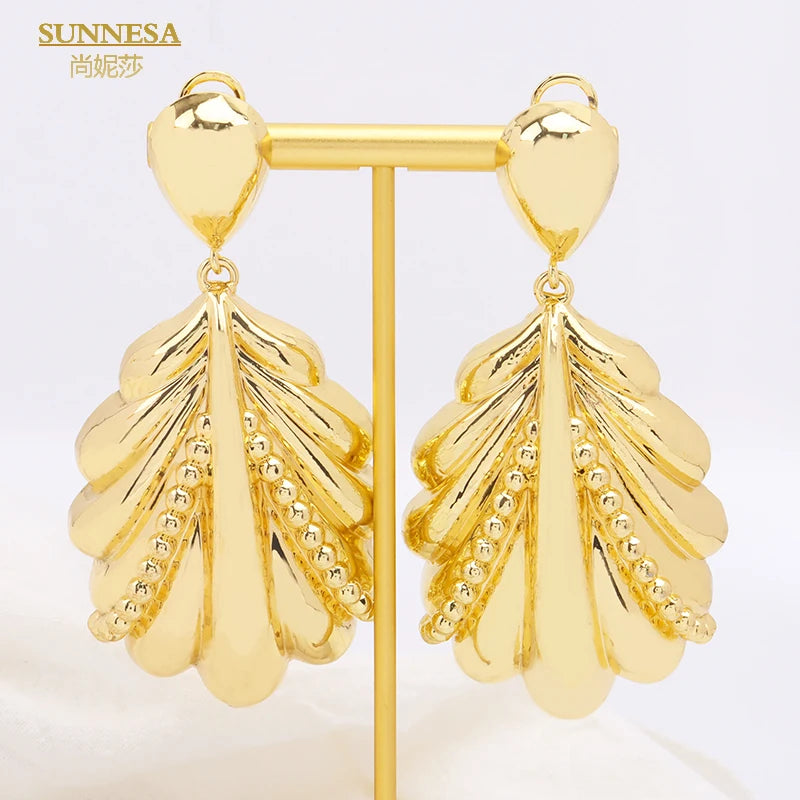 SUNNESA Leaf Shape Big Pendant Necklace Luxury Dubai Jewelry Set for Women Wedding 18k Gold Plated African Drop Earrings