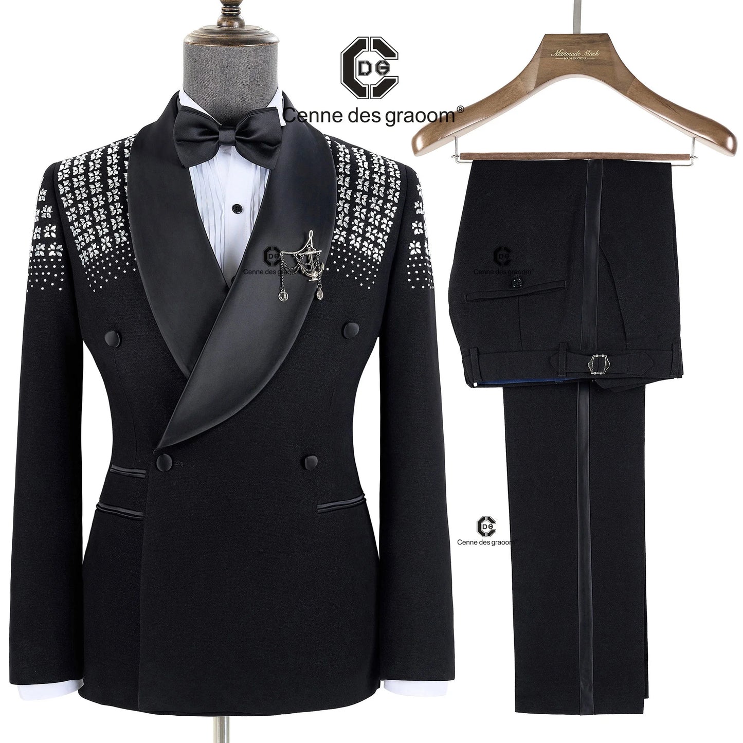 Maxy Canne Des Groom Elegant Men's Suits Double-Breasted Jewelry Ornament Handmade Tuxedo for Wedding Groom Party Jacket Pants