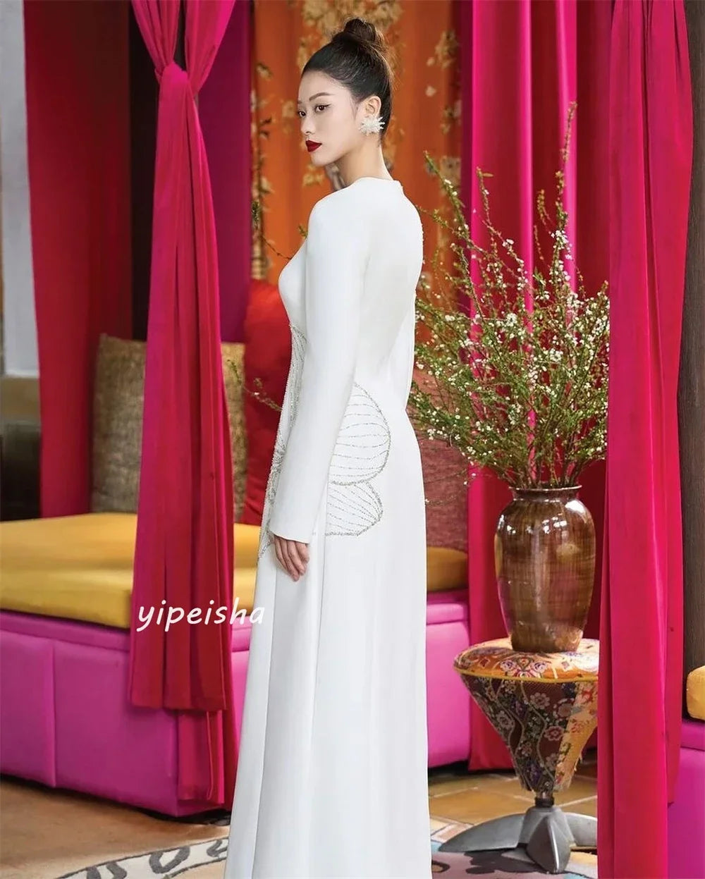 Maxy Customized Evening Jersey Rhinestone Beach A-line Scoop High Collar Neck Bespoke Gown Midi Es Sexy Casual Saudi Arabia for Women