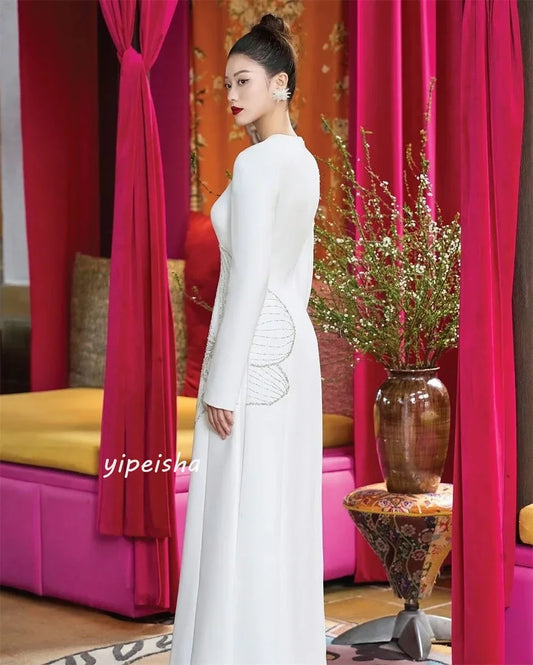 Maxy Customized Evening Jersey Rhinestone Beach A-line Scoop High Collar Neck Bespoke Gown Midi Es Sexy Casual Saudi Arabia for Women