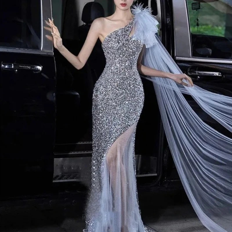 Maxy Elegant Mermaid Evening Dresses for Women Luxury Formal Long Party Dress Cocktail Wedding Dress With Sequins One Shoulder Dress