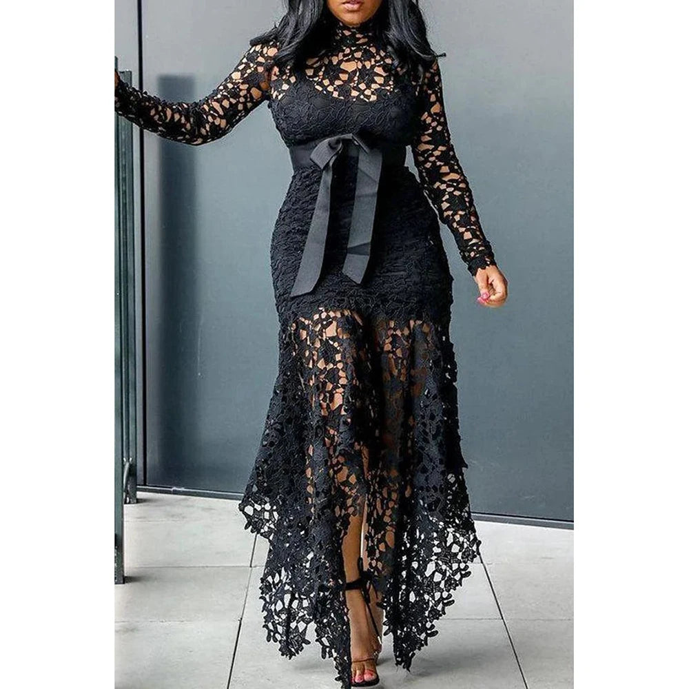 Maxy Women Elegant French Lace Dress Stand Up Collar Puff Sleeve Slim Sexy Hollow Out Irregular Hem Party Club Evening Midi Dresses