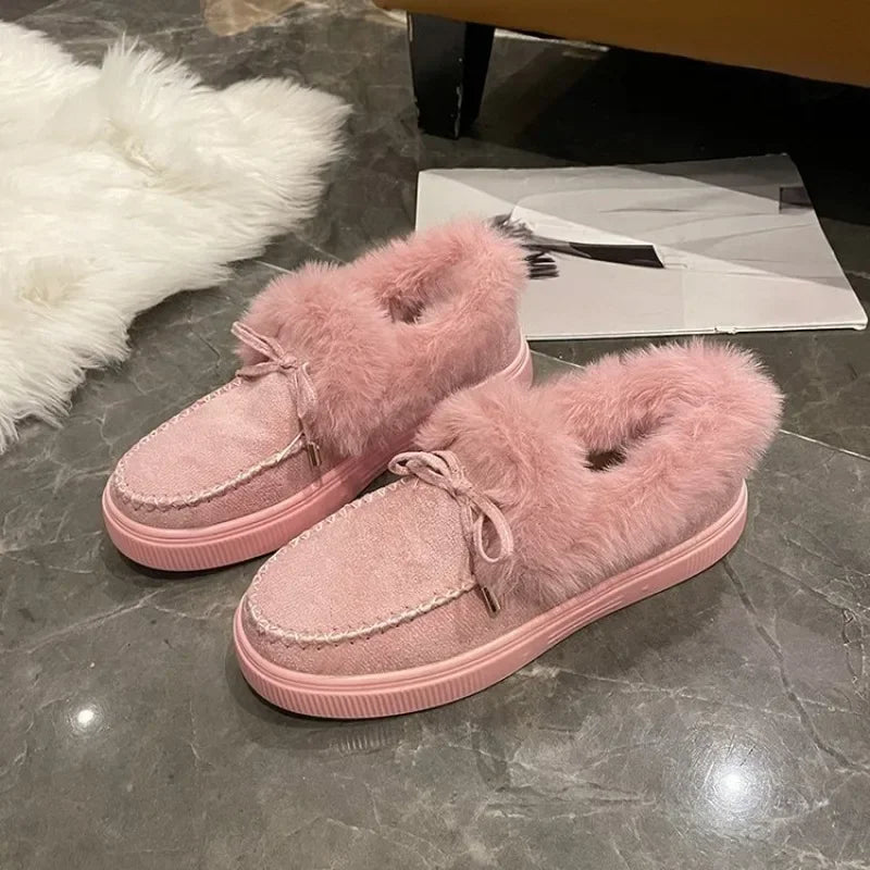 Maxy Winter Women's Cotton Flat Shoes Moccasins Femme Warm Plush Loafers Comfy Fur Flats Woman Large Size 35-43 Platform Furry Boots