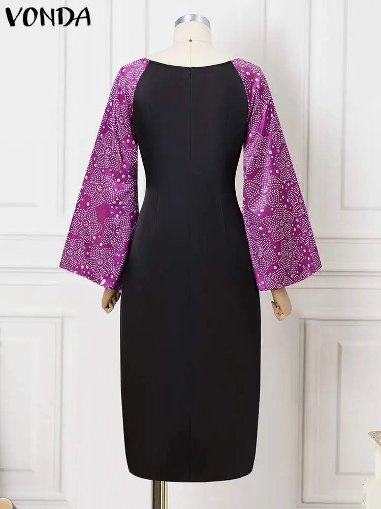 Amay Plus Size 5XL VONDA Women Sexy Off Shoulder Dress Flare Sleeve Party Maxy Long Dress Fashion Printed Sundress Elegant Robe