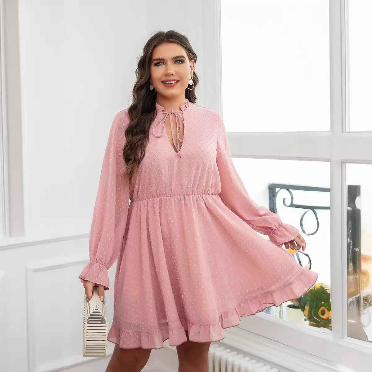 Maxy Women's New Oversized Short Sleeved V-neck Fashionable Slim Ruffled Waist Pink Short Dress Party Summer Elegantes Casual Y2k
