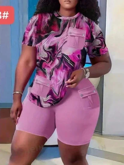 Maxy Two Piece Sets Women Short Pant Set Print Round Neck Casual Tops Sheath High Waist Shorts Pants Casual Slim Fit Summer