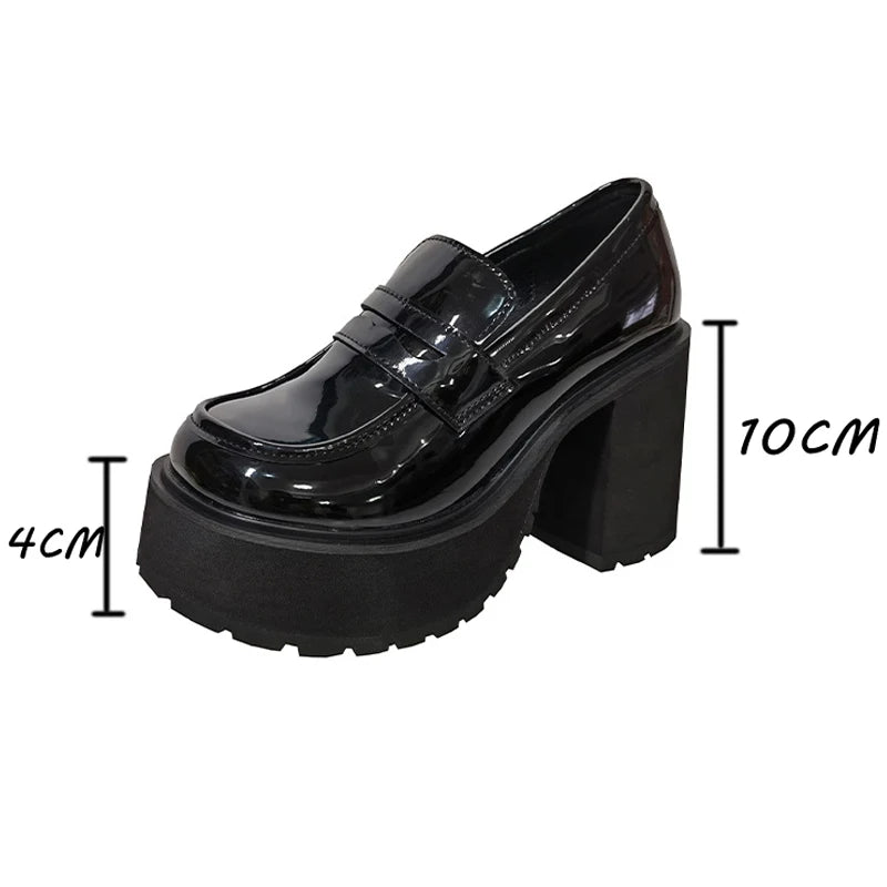 Maxy Chunky Platform Loafers Heel Patent Leather Slip on Casual Shoes Women Lady Office Shoes Japanese Lolita Black 10cm Heels Pumps