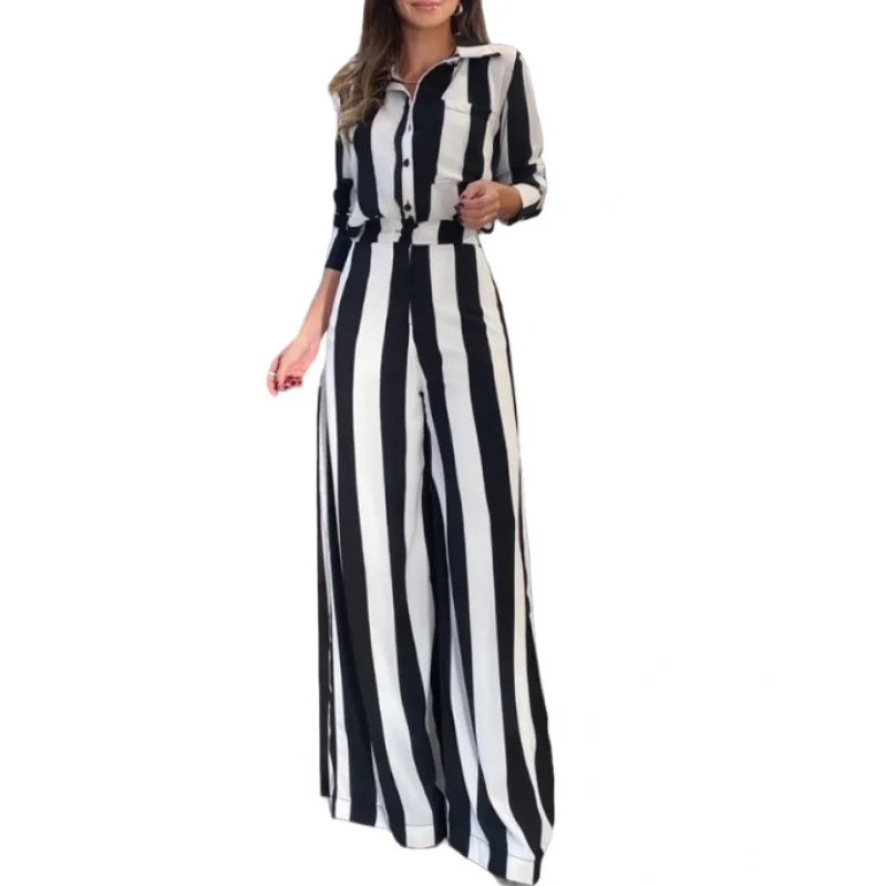 Maxy European and American Autumn Leisure Fashion Black and White Striped Button Pocket Design Shirt Wide Leg Pants Two-Piece Set