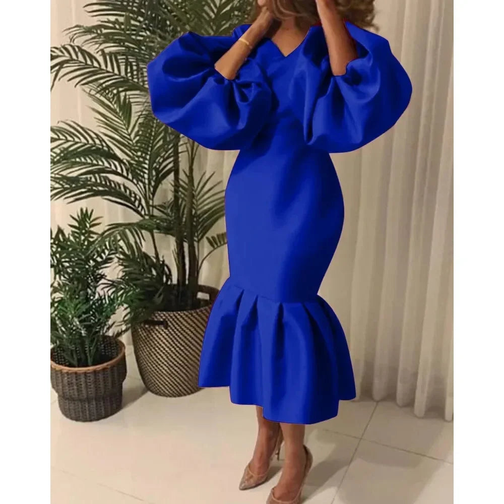 Maxy Plus Size Casual Elegant Fashionable Women's Fashion Solid Color V-Neck Bubble Long Sleeved Fishtail Dress Party Evening Dress