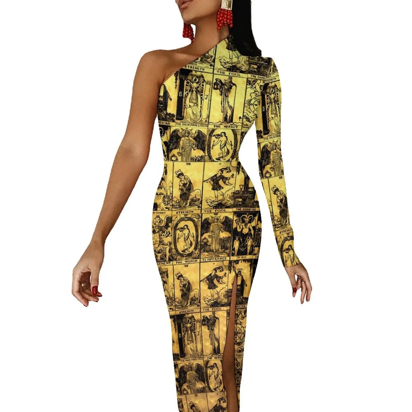 Maxy Gold And Black Tarot Bodycon Dress Women's Major Arcana Night Club Maxy Dress Long Sleeve Party Custom Dresses Birthday Present
