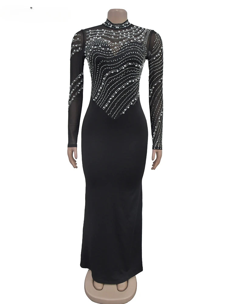 Amay Women's Crystal Embellished High Slit Long Maxy Dress Gown Glam Long Sleeve Diamonds Party Dress Celebrities Outfits